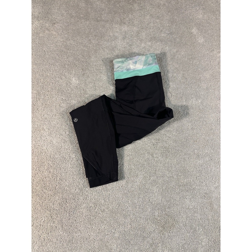 Lululemon Inspire Mesh Black midrise‎ cropped Legging Floral band waist womens 4